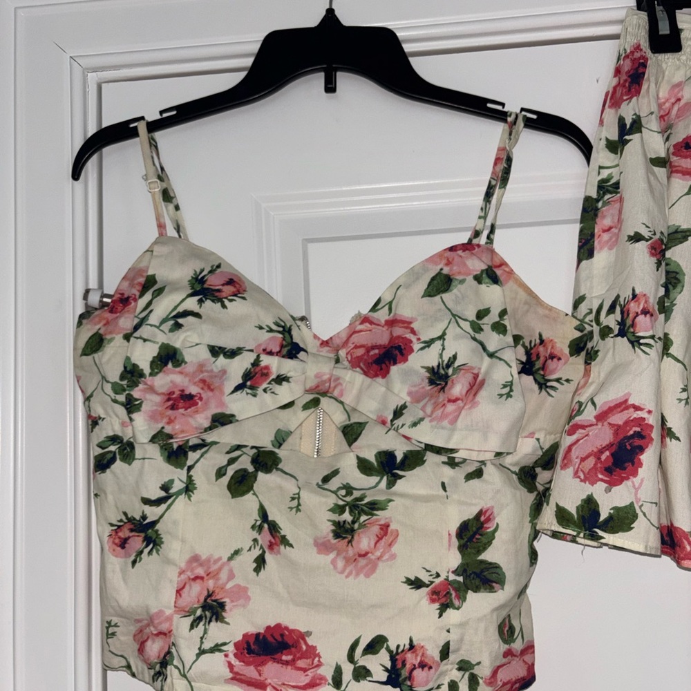 Aqua Cream Floral Crop Top & Skirt Set with Pink Roses - Picture 5 of 9